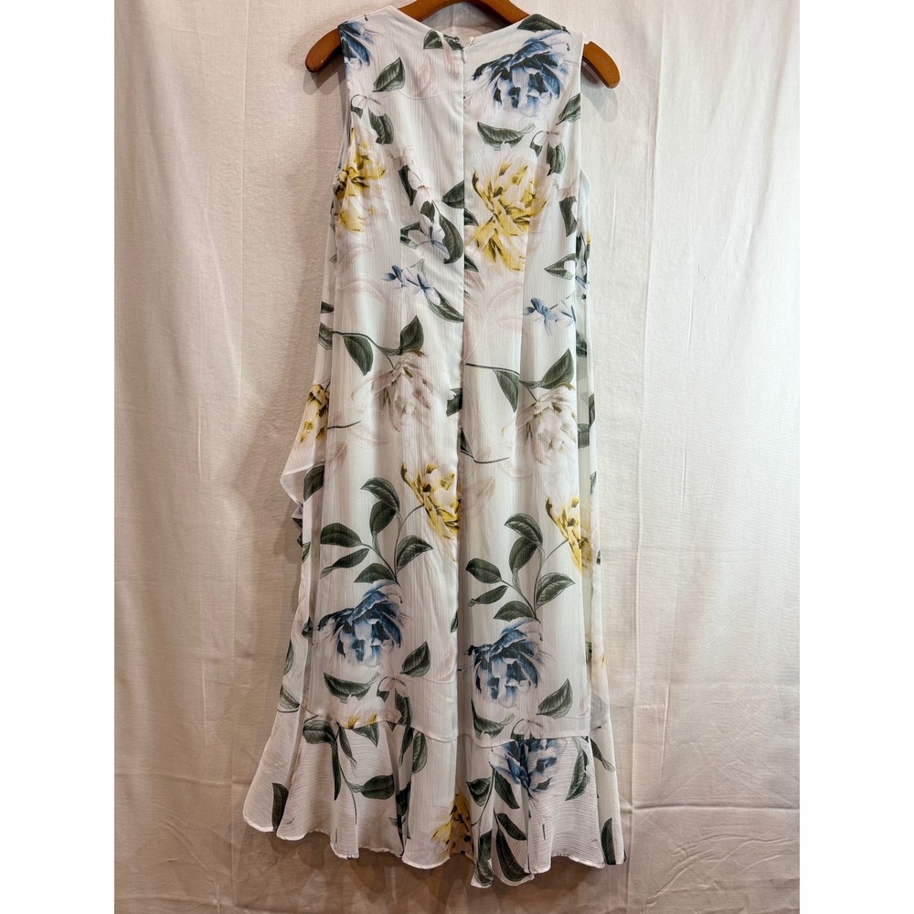 Calvin Klein Floral High-Low Ruffle Chiffon Midi Dress White Blue Yellow Size 8 - Picture 7 of 11